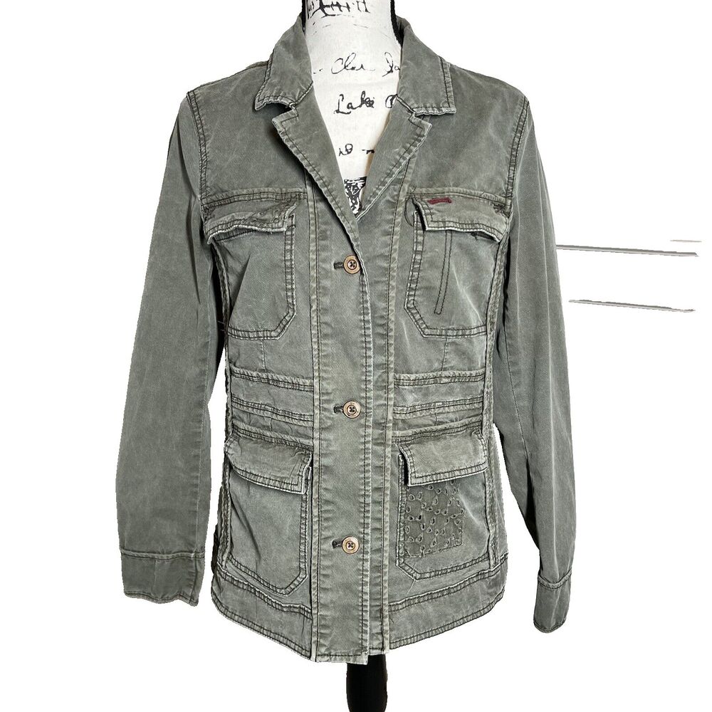 Anthropologie Olive Green Military Jacket Womens Small Button Boho Chore Utility